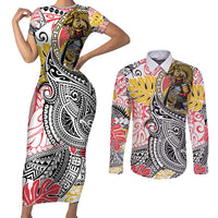 Japanese Samurai Warrior Couples Matching Short Sleeve Bodycon Dress and Long Sleeve Button Shirt Colorful Polynesian Tattoo Style LT9 White - Polynesian Pride