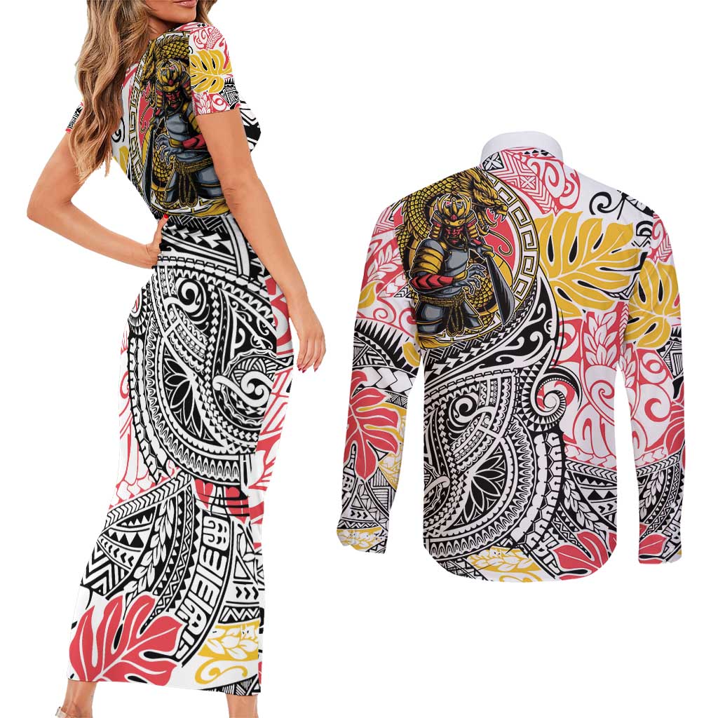 Japanese Samurai Warrior Couples Matching Short Sleeve Bodycon Dress and Long Sleeve Button Shirt Colorful Polynesian Tattoo Style LT9 - Polynesian Pride