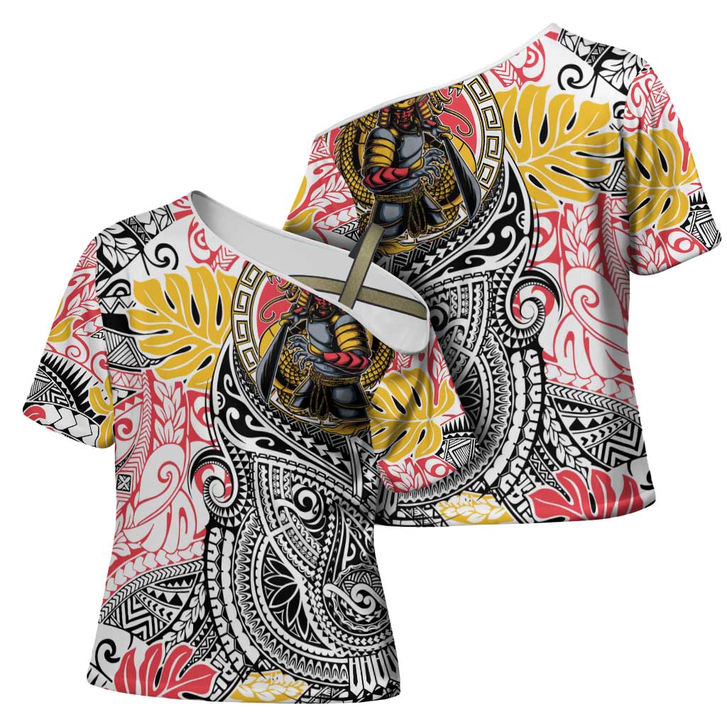 Japanese Samurai Warrior Cross Shoulder Shirt Colorful Polynesian Tattoo Style - Polynesian Pride