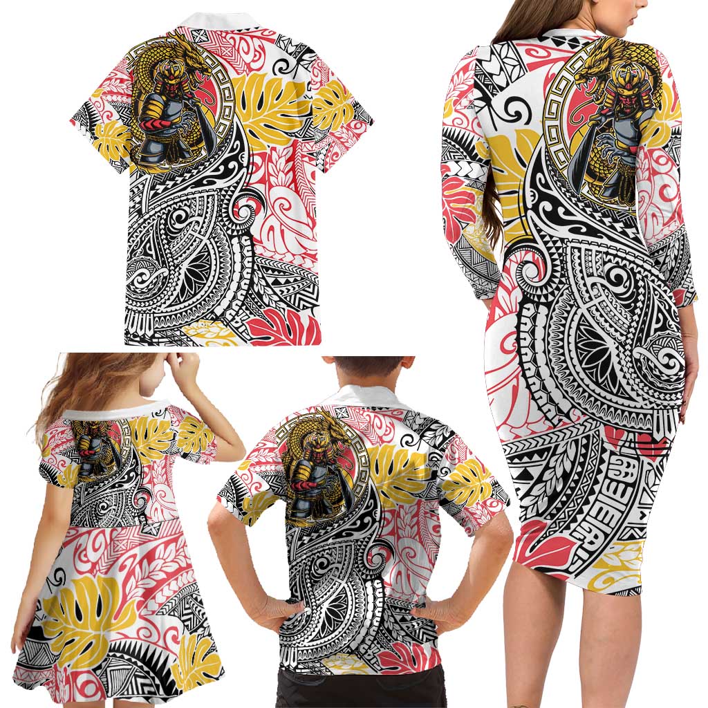 Japanese Samurai Warrior Family Matching Long Sleeve Bodycon Dress and Hawaiian Shirt Colorful Polynesian Tattoo Style