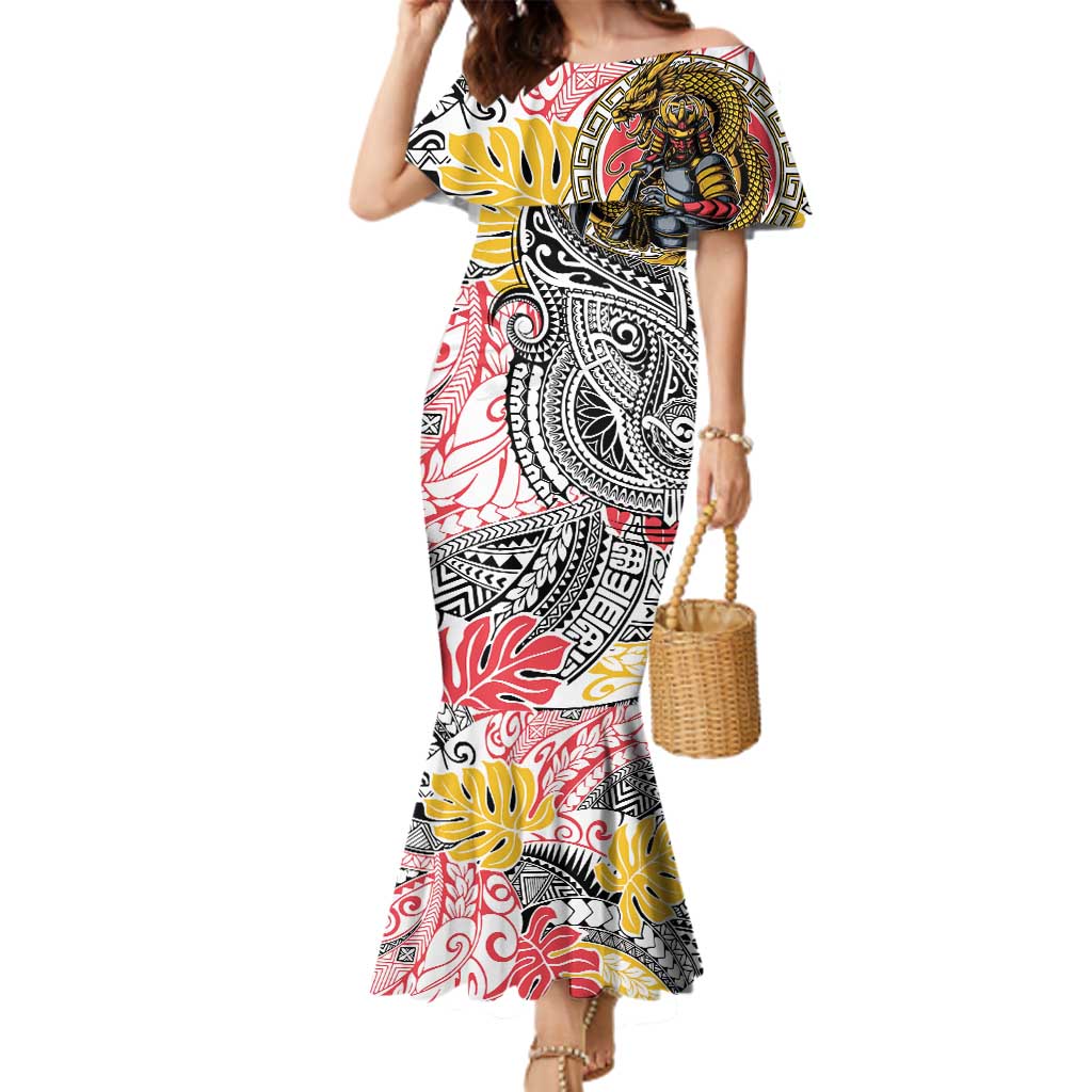 Japanese Samurai Warrior Family Matching Mermaid Dress and Hawaiian Shirt Colorful Polynesian Tattoo Style