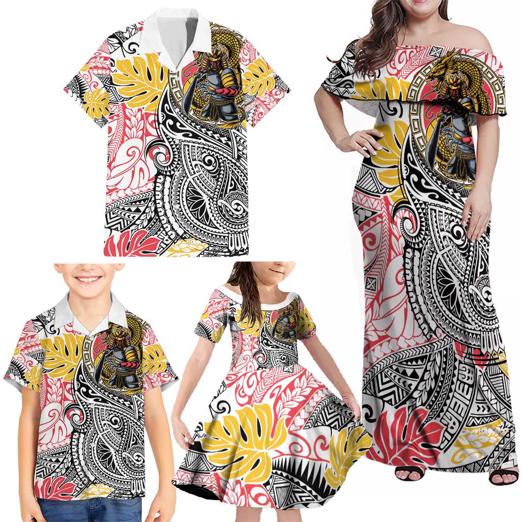 Japanese Samurai Warrior Family Matching Off Shoulder Maxi Dress and Hawaiian Shirt Colorful Polynesian Tattoo Style