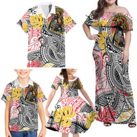 Japanese Samurai Warrior Family Matching Off Shoulder Maxi Dress and Hawaiian Shirt Colorful Polynesian Tattoo Style