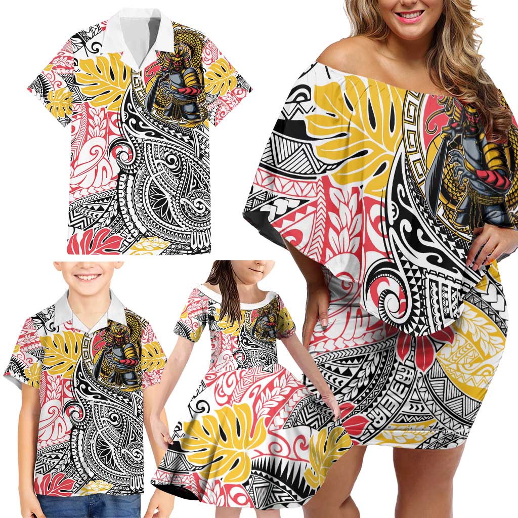 Japanese Samurai Warrior Family Matching Off Shoulder Short Dress and Hawaiian Shirt Colorful Polynesian Tattoo Style