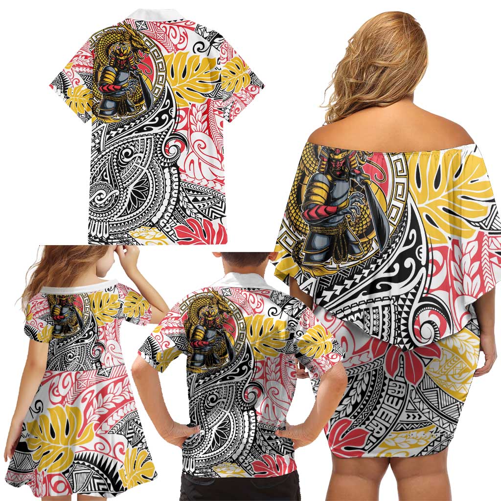 Japanese Samurai Warrior Family Matching Off Shoulder Short Dress and Hawaiian Shirt Colorful Polynesian Tattoo Style
