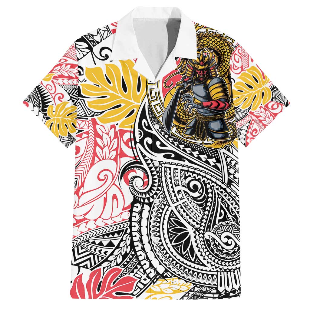 Japanese Samurai Warrior Family Matching Off Shoulder Short Dress and Hawaiian Shirt Colorful Polynesian Tattoo Style
