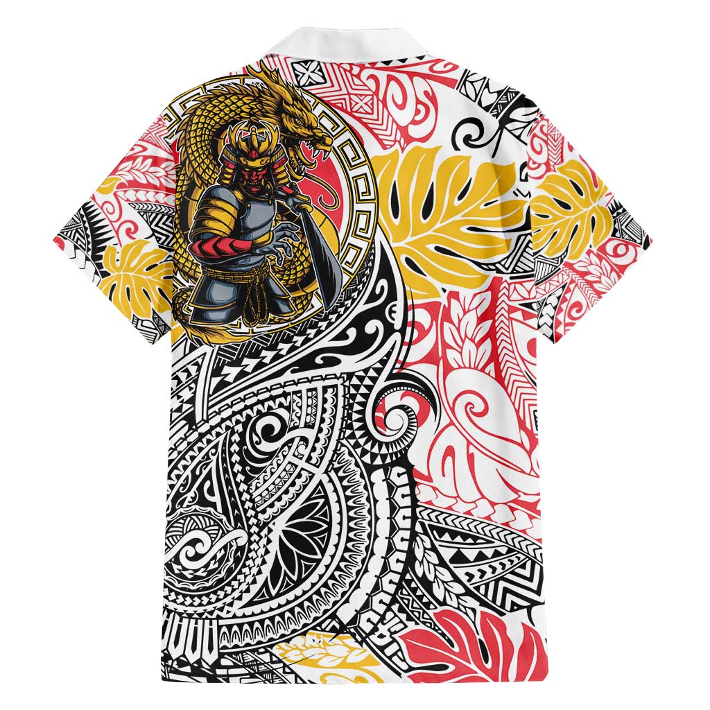 Japanese Samurai Warrior Family Matching Off Shoulder Short Dress and Hawaiian Shirt Colorful Polynesian Tattoo Style