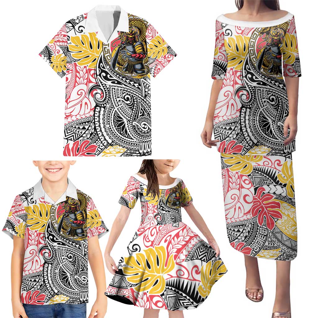 Japanese Samurai Warrior Family Matching Puletasi and Hawaiian Shirt Colorful Polynesian Tattoo Style
