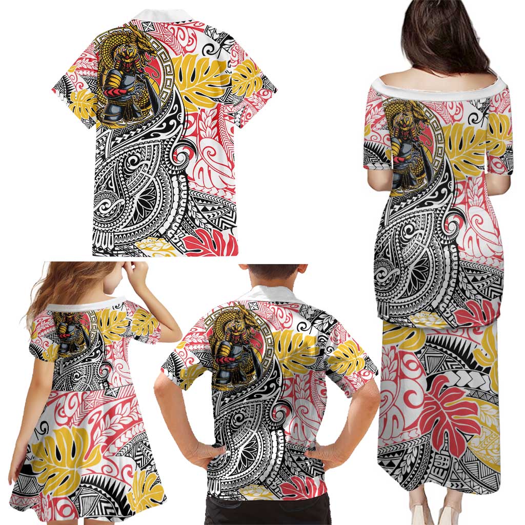 Japanese Samurai Warrior Family Matching Puletasi and Hawaiian Shirt Colorful Polynesian Tattoo Style