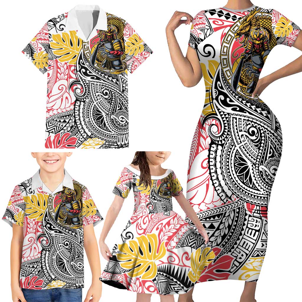 Japanese Samurai Warrior Family Matching Short Sleeve Bodycon Dress and Hawaiian Shirt Colorful Polynesian Tattoo Style