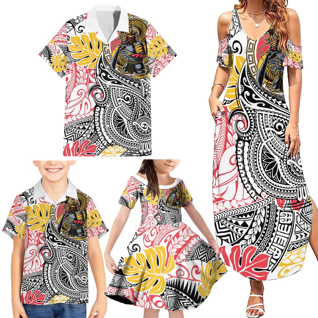 Japanese Samurai Warrior Family Matching Summer Maxi Dress and Hawaiian Shirt Colorful Polynesian Tattoo Style