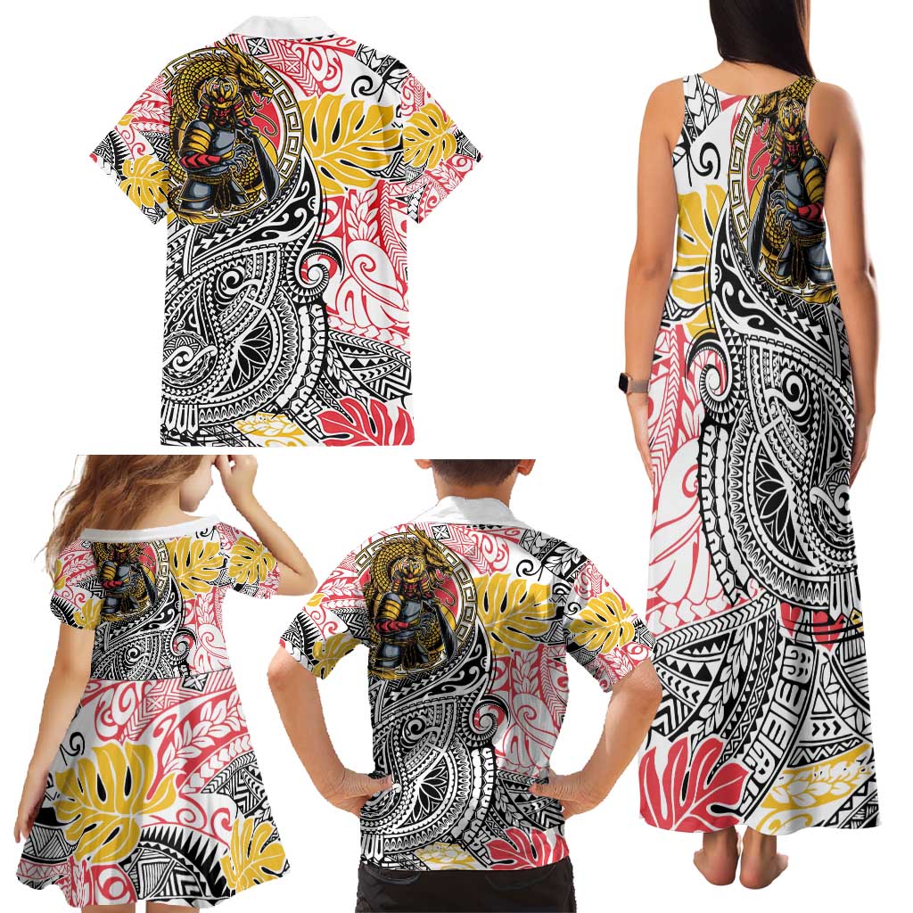 Japanese Samurai Warrior Family Matching Tank Maxi Dress and Hawaiian Shirt Colorful Polynesian Tattoo Style