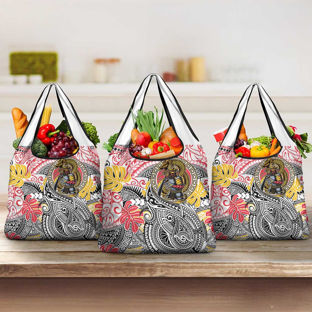 Japanese Samurai Warrior Grocery Bag Colorful Polynesian Tattoo Style