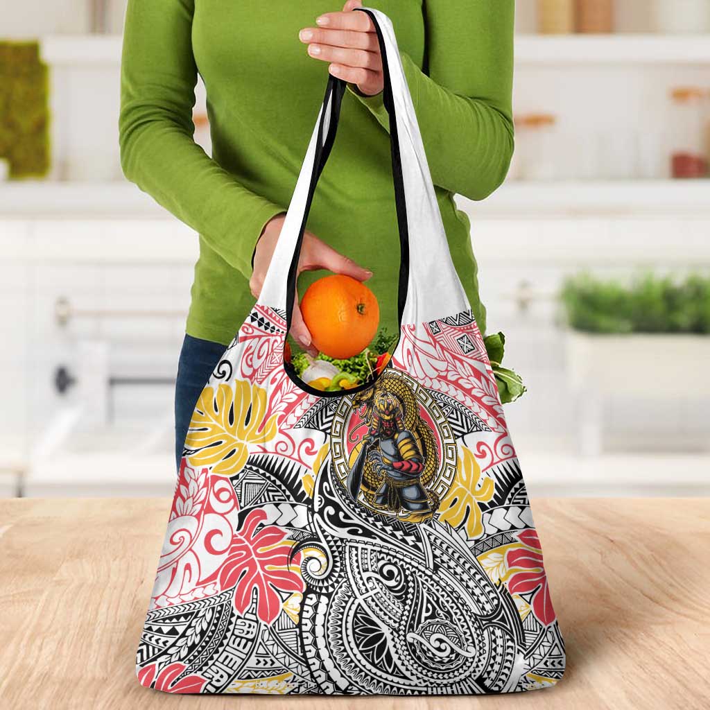 Japanese Samurai Warrior Grocery Bag Colorful Polynesian Tattoo Style
