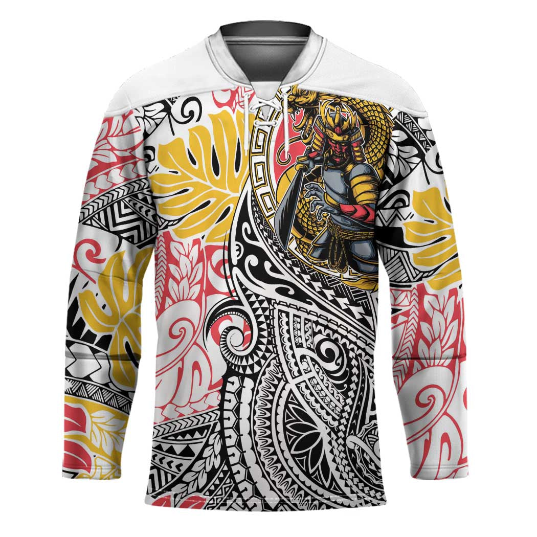 Japanese Samurai Warrior Hockey Jersey Colorful Polynesian Tattoo Style - Polynesian Pride