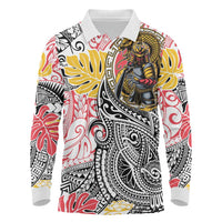 Japanese Samurai Warrior Long Sleeve Polo Shirt Colorful Polynesian Tattoo Style LT9 White - Polynesian Pride