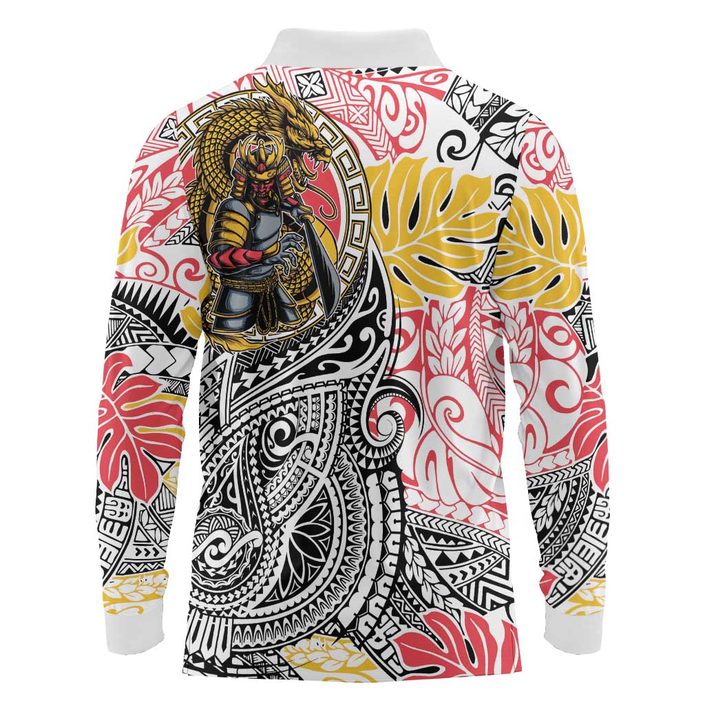 Japanese Samurai Warrior Long Sleeve Polo Shirt Colorful Polynesian Tattoo Style LT9 - Polynesian Pride