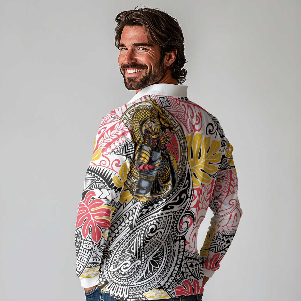 Japanese Samurai Warrior Long Sleeve Polo Shirt Colorful Polynesian Tattoo Style LT9 - Polynesian Pride