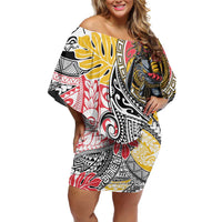 Japanese Samurai Warrior Off Shoulder Short Dress Colorful Polynesian Tattoo Style