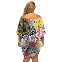 Japanese Samurai Warrior Off Shoulder Short Dress Colorful Polynesian Tattoo Style