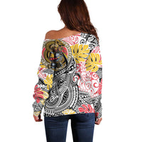 Japanese Samurai Warrior Off Shoulder Sweater Colorful Polynesian Tattoo Style