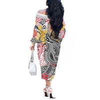 Japanese Samurai Warrior Off The Shoulder Long Sleeve Dress Colorful Polynesian Tattoo Style