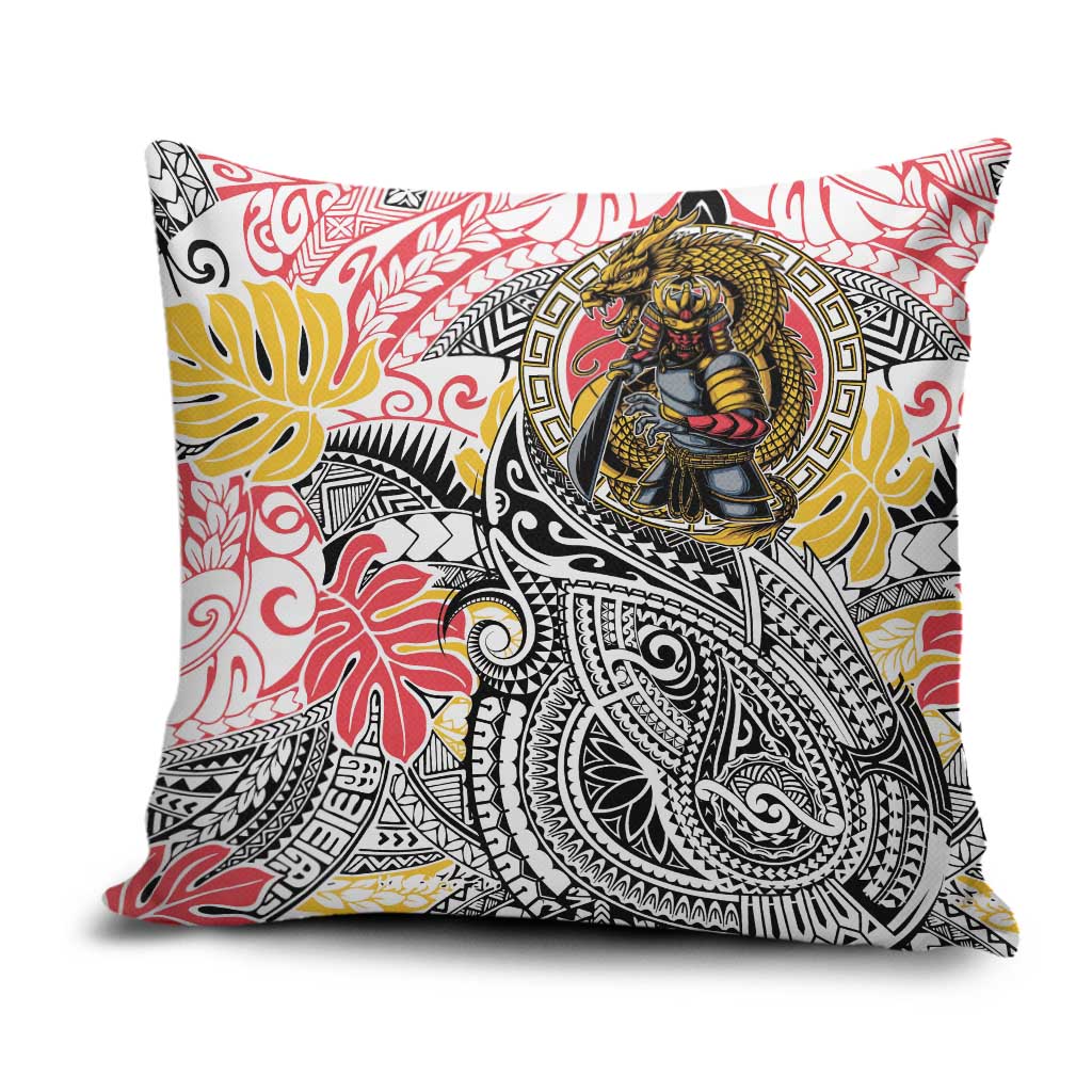 Japanese Samurai Warrior Pillow Cover Colorful Polynesian Tattoo Style - Polynesian Pride