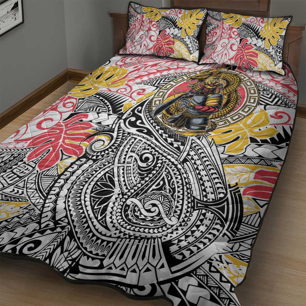 Japanese Samurai Warrior Quilt Bed Set Colorful Polynesian Tattoo Style