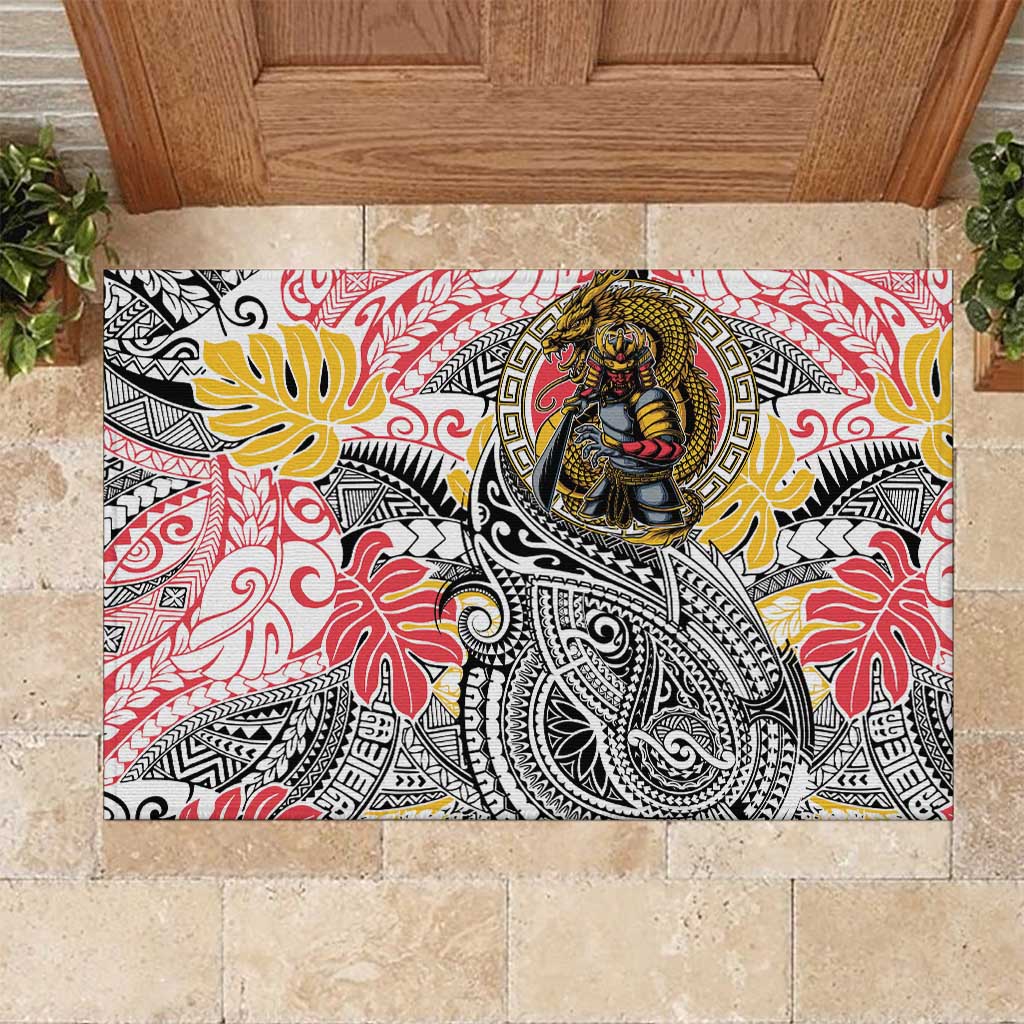 Japanese Samurai Warrior Rubber Doormat Colorful Polynesian Tattoo Style LT9 White - Polynesian Pride