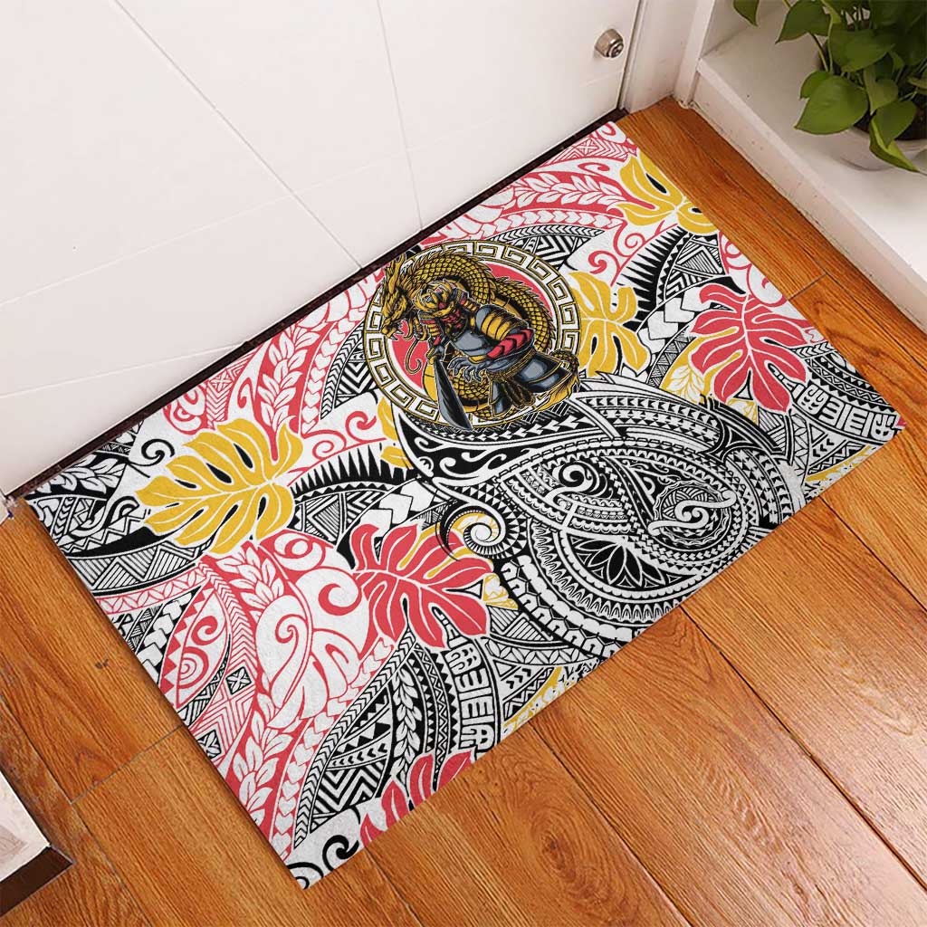 Japanese Samurai Warrior Rubber Doormat Colorful Polynesian Tattoo Style LT9 - Polynesian Pride