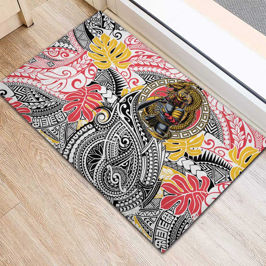 Japanese Samurai Warrior Rubber Doormat Colorful Polynesian Tattoo Style LT9 - Polynesian Pride