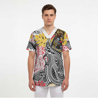 Japanese Samurai Warrior Scrub Top Colorful Polynesian Tattoo Style - Polynesian Pride