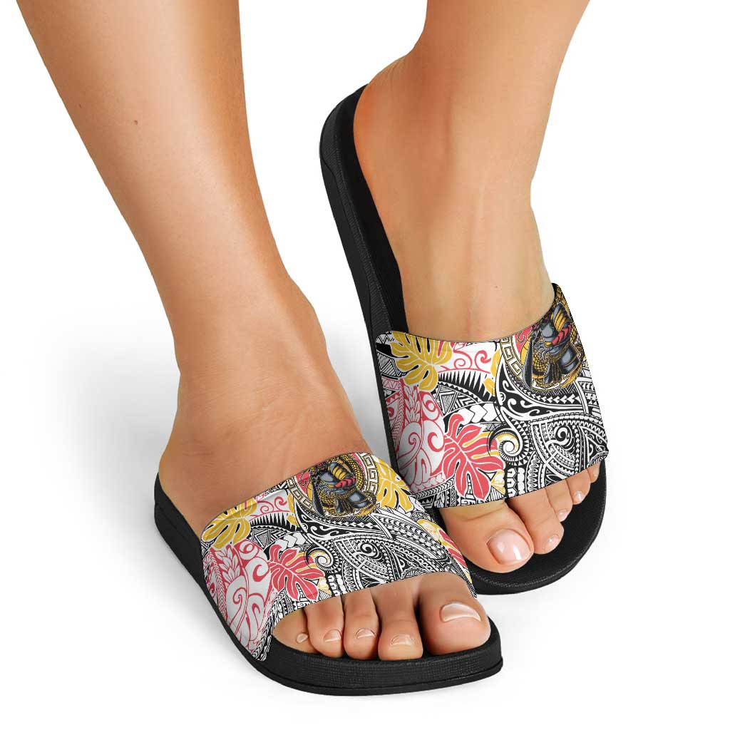 Japanese Samurai Warrior Slide Sandals Colorful Polynesian Tattoo Style - Polynesian Pride