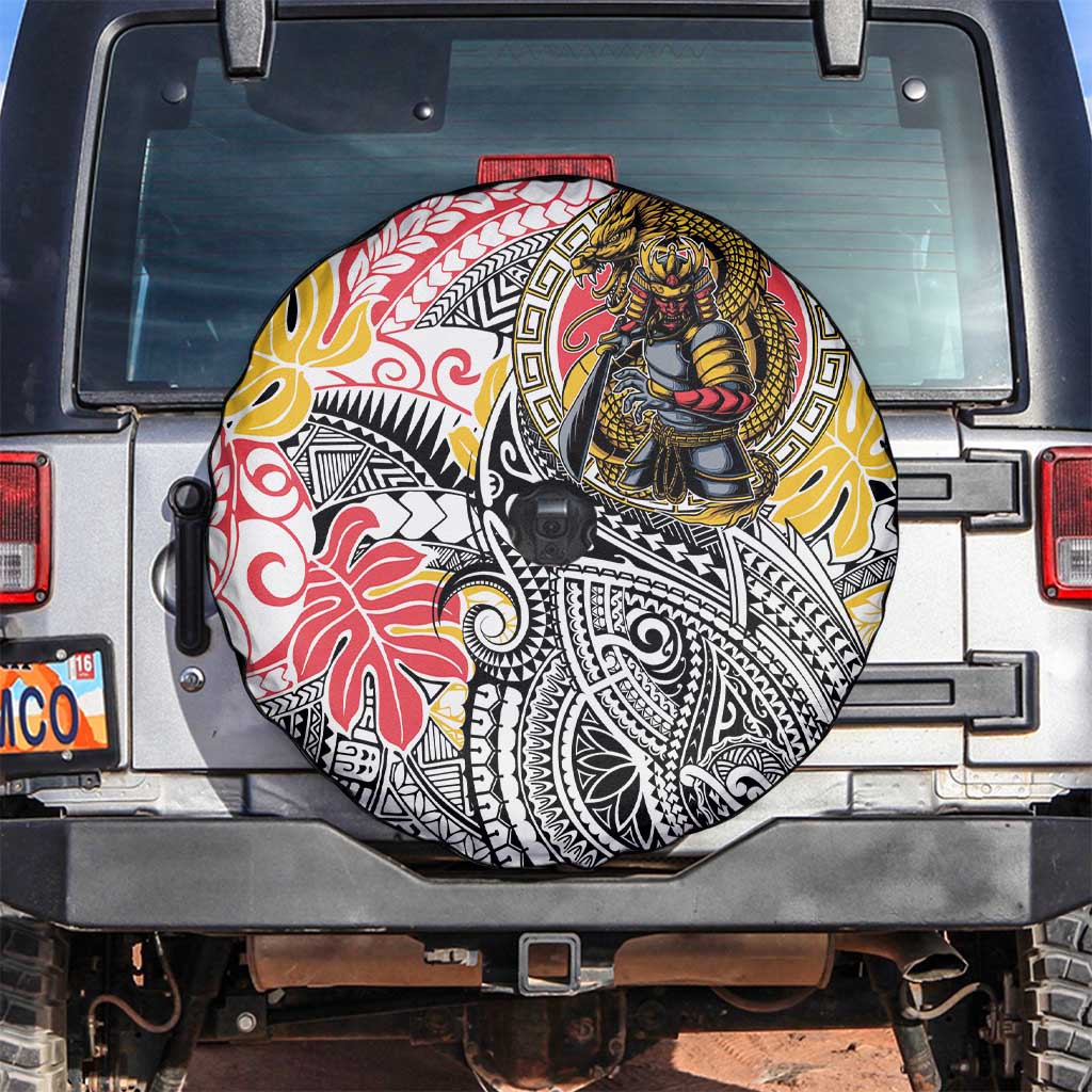 Japanese Samurai Warrior Spare Tire Cover Colorful Polynesian Tattoo Style