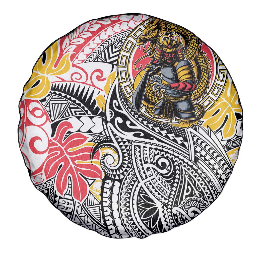 Japanese Samurai Warrior Spare Tire Cover Colorful Polynesian Tattoo Style