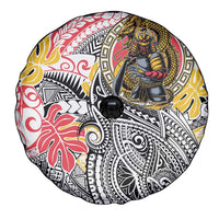 Japanese Samurai Warrior Spare Tire Cover Colorful Polynesian Tattoo Style