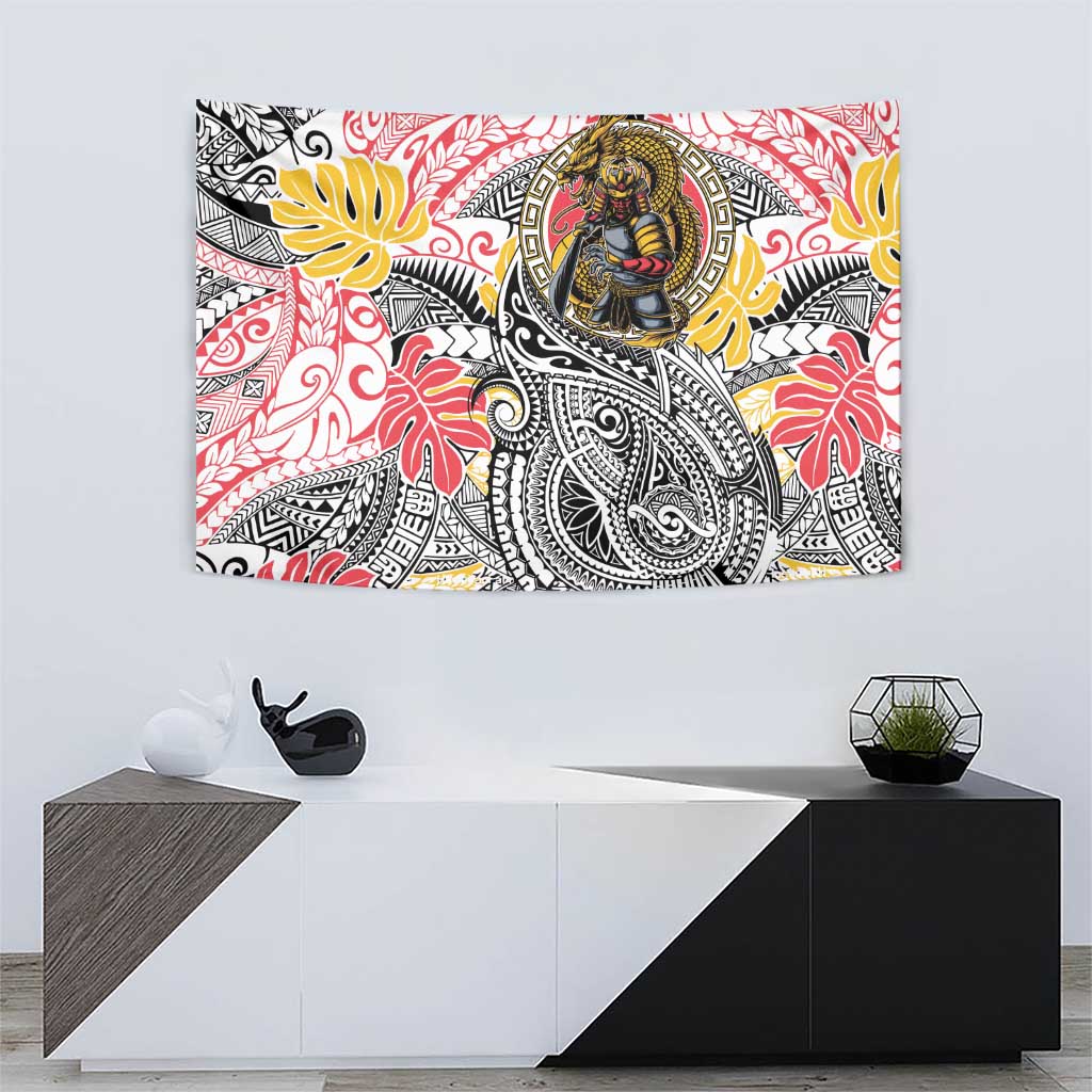 Japanese Samurai Warrior Tapestry Colorful Polynesian Tattoo Style