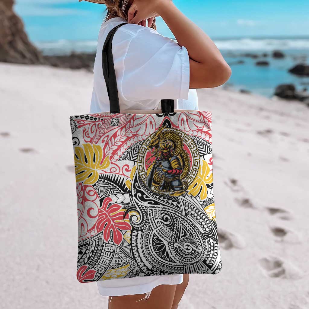 Japanese Samurai Warrior Tote Bag Colorful Polynesian Tattoo Style - Polynesian Pride