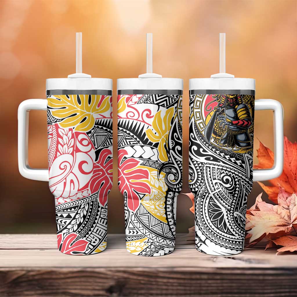 Japanese Samurai Warrior Tumbler With Handle Colorful Polynesian Tattoo Style