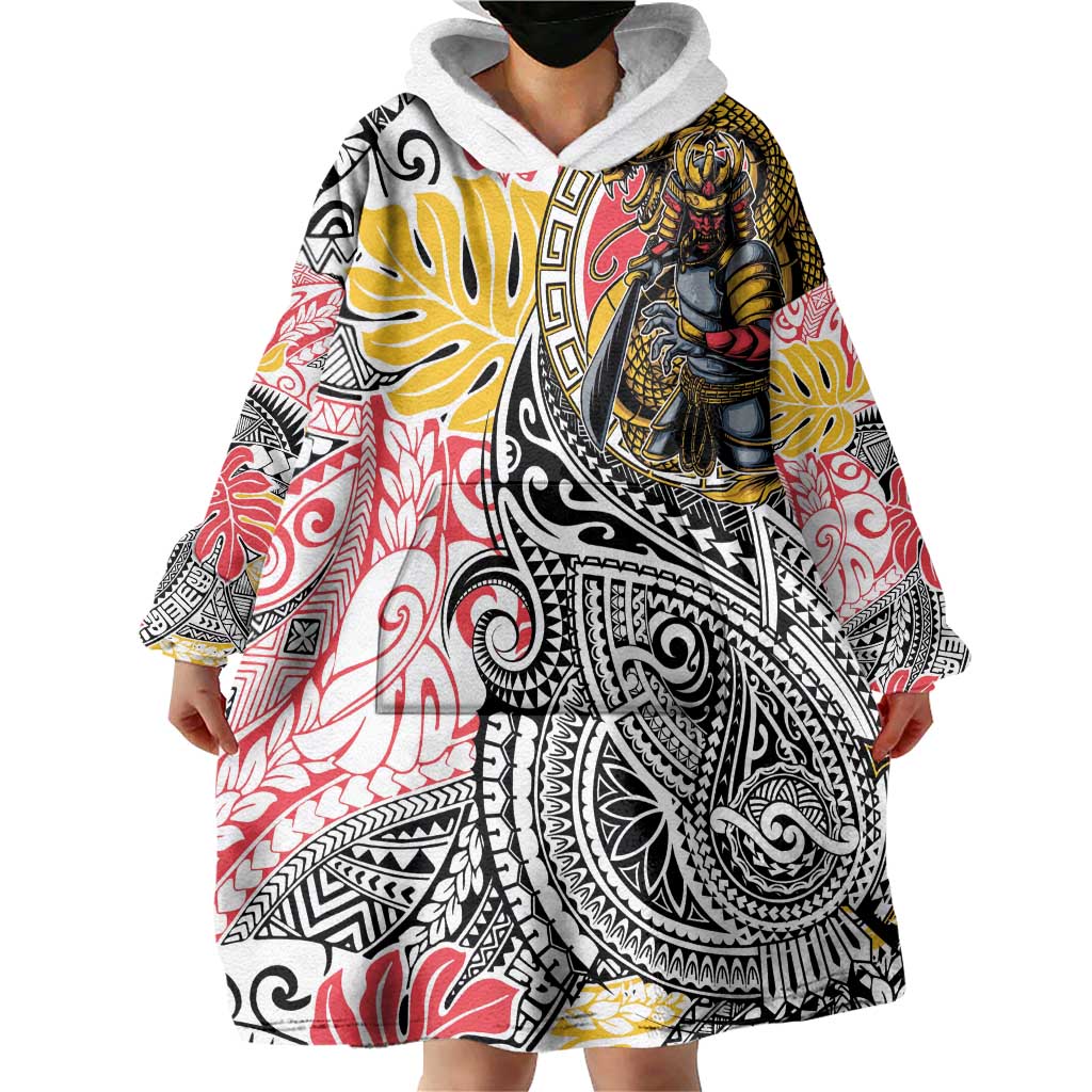Japanese Samurai Warrior Wearable Blanket Hoodie Colorful Polynesian Tattoo Style