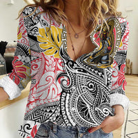 Japanese Samurai Warrior Women Casual Shirt Colorful Polynesian Tattoo Style LT9 Female White - Polynesian Pride