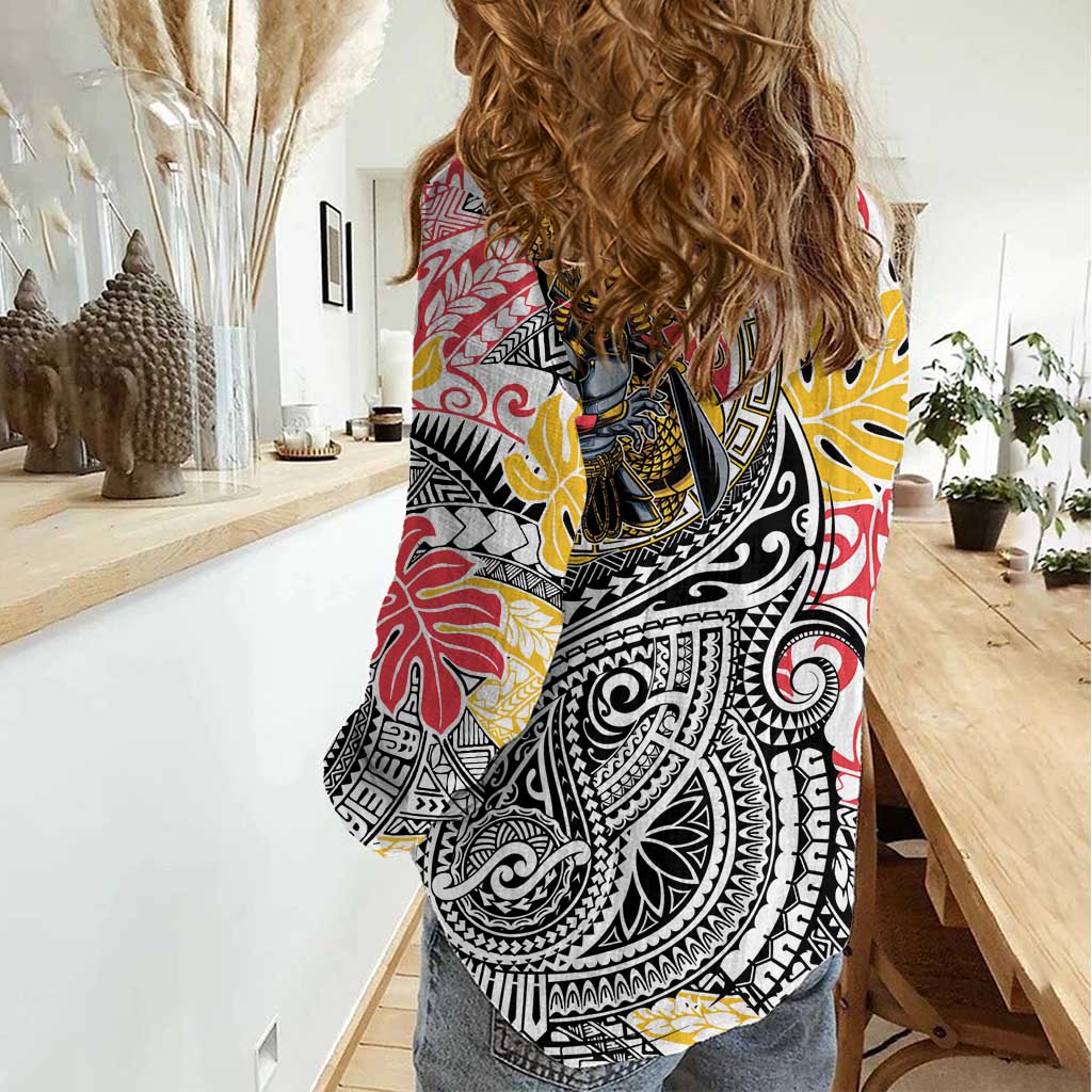 Japanese Samurai Warrior Women Casual Shirt Colorful Polynesian Tattoo Style LT9 - Polynesian Pride