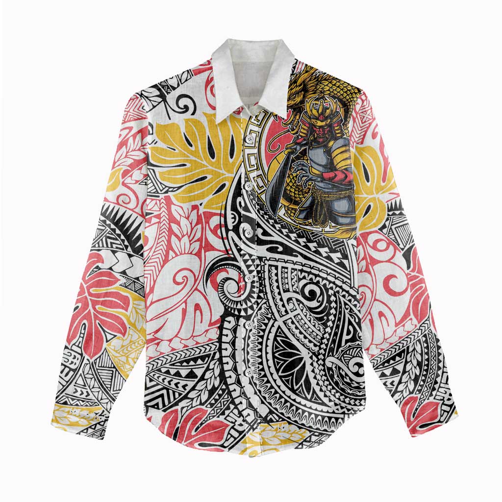 Japanese Samurai Warrior Women Casual Shirt Colorful Polynesian Tattoo Style LT9 - Polynesian Pride