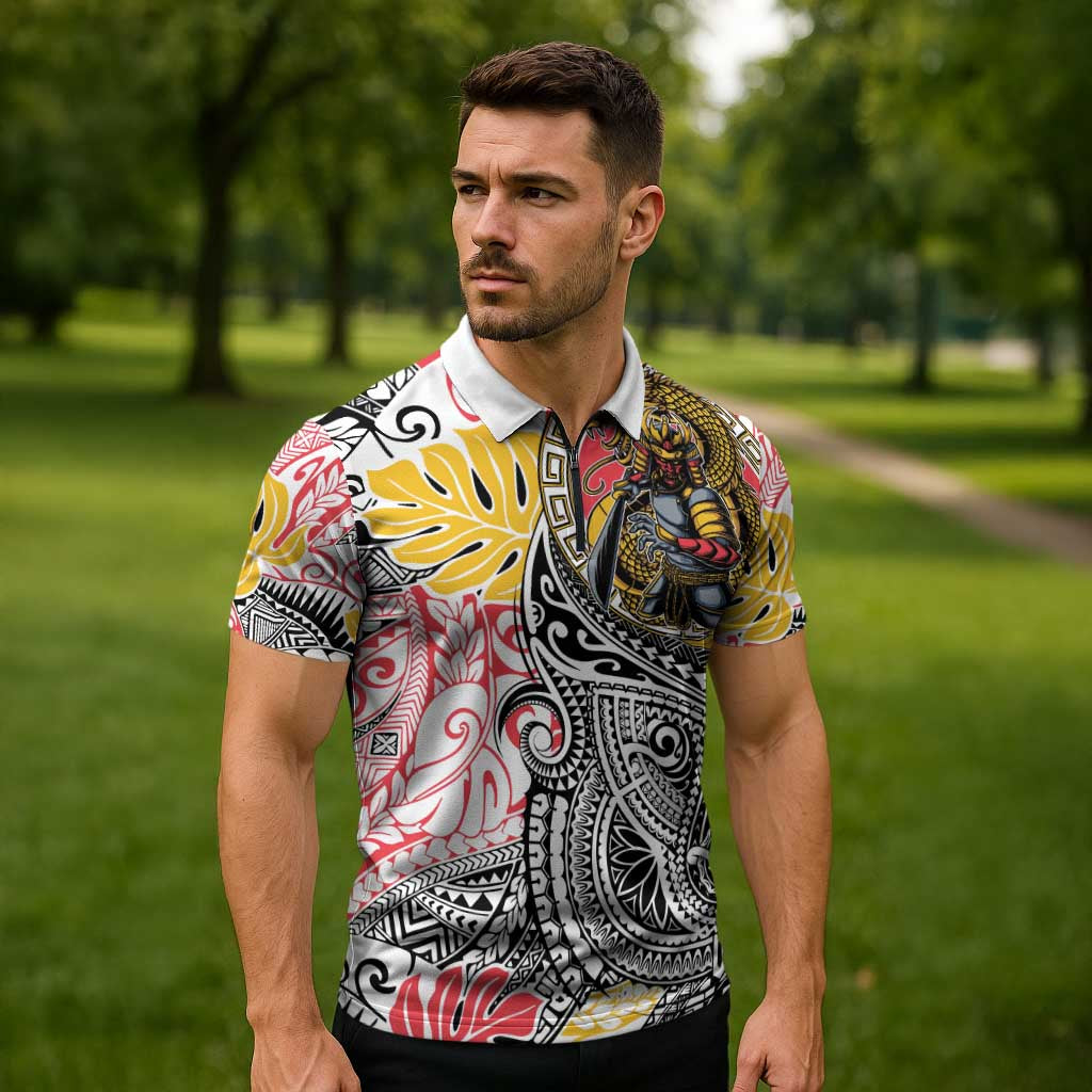 Japanese Samurai Warrior Zipper Polo Shirt Colorful Polynesian Tattoo Style - Polynesian Pride