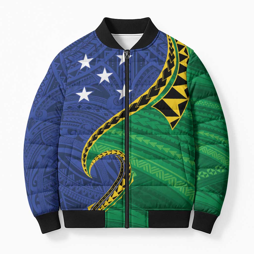 Solomon Islands Independence Day 1978 Personalised Bomber Puffer Jacket Polynesian Pattern with Flag Style - Polynesian Pride