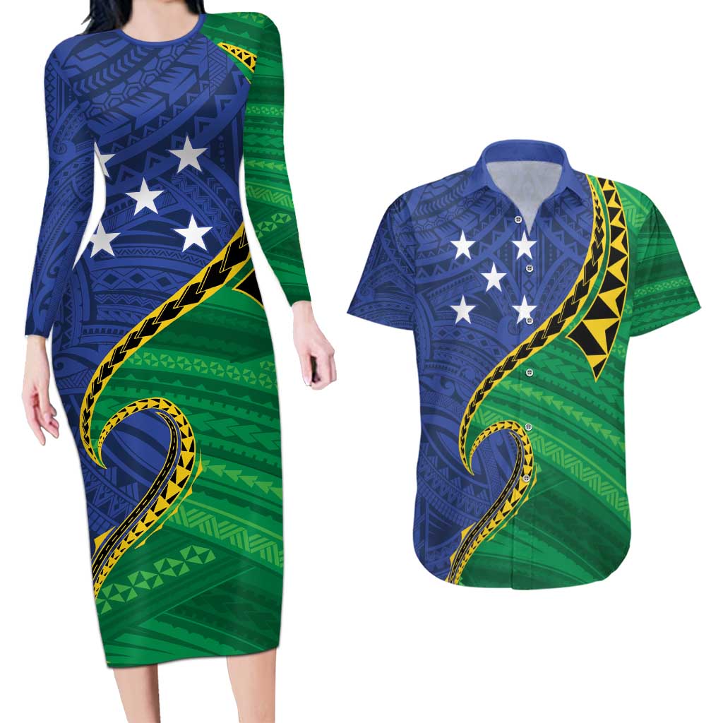Solomon Islands Independence Day 1978 Personalised Couples Matching Long Sleeve Bodycon Dress and Hawaiian Shirt Polynesian Pattern with Flag Style