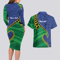 Solomon Islands Independence Day 1978 Personalised Couples Matching Long Sleeve Bodycon Dress and Hawaiian Shirt Polynesian Pattern with Flag Style
