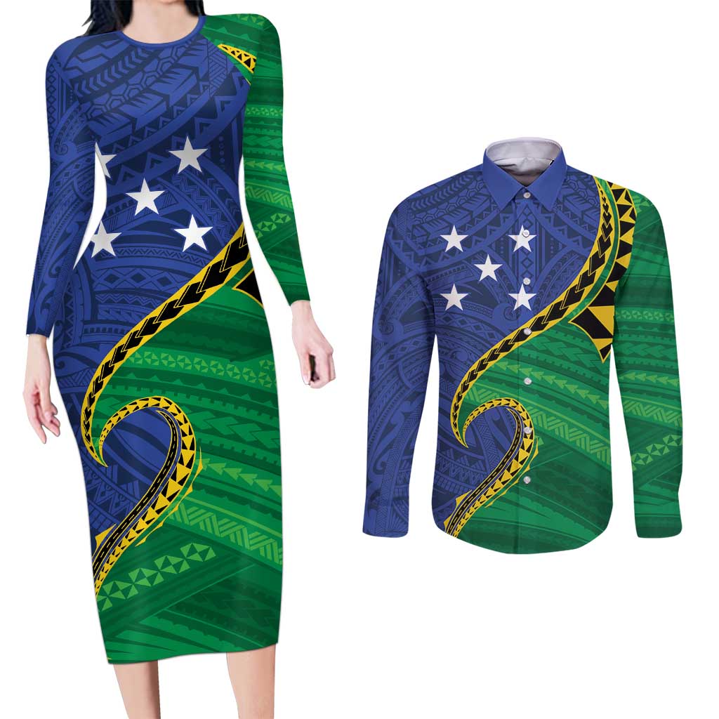 Solomon Islands Independence Day 1978 Personalised Couples Matching Long Sleeve Bodycon Dress and Long Sleeve Button Shirt Polynesian Pattern with Flag Style