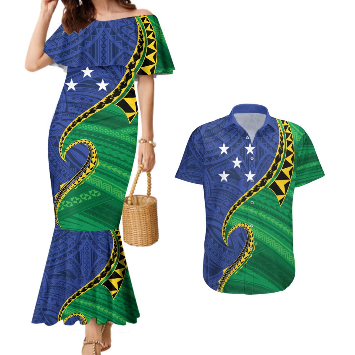 Solomon Islands Independence Day 1978 Personalised Couples Matching Mermaid Dress and Hawaiian Shirt Polynesian Pattern with Flag Style