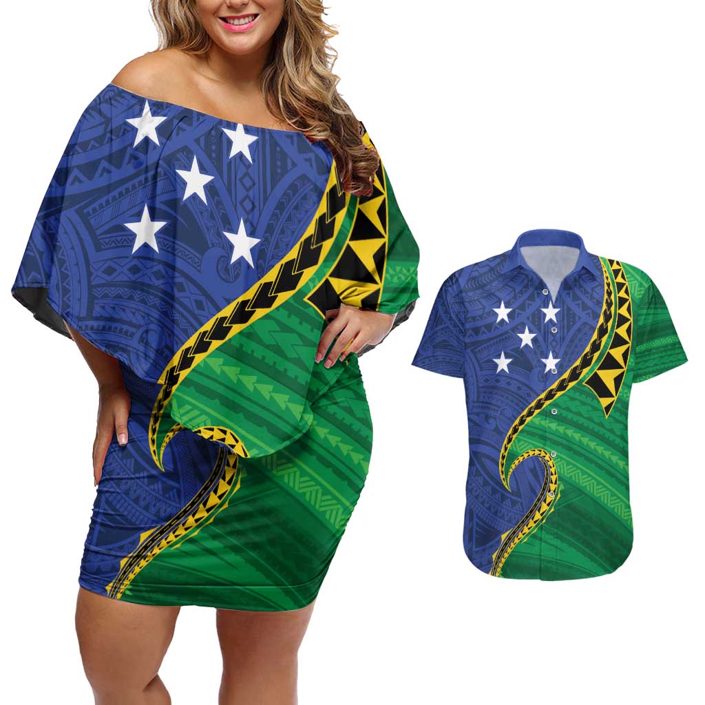 Solomon Islands Independence Day 1978 Personalised Couples Matching Off Shoulder Short Dress and Hawaiian Shirt Polynesian Pattern with Flag Style